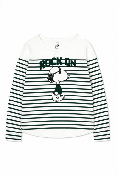 T-SHIRT FEMME SNOOPY ROCK ON BLANC BLANC
