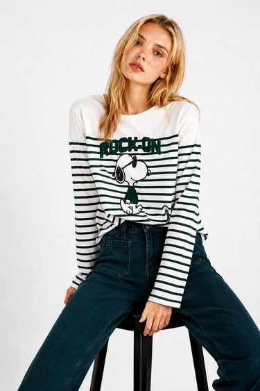 T-SHIRT FEMME SNOOPY ROCK ON BLANC BLANC
