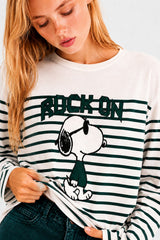 T-SHIRT FEMME SNOOPY ROCK ON BLANC BLANC