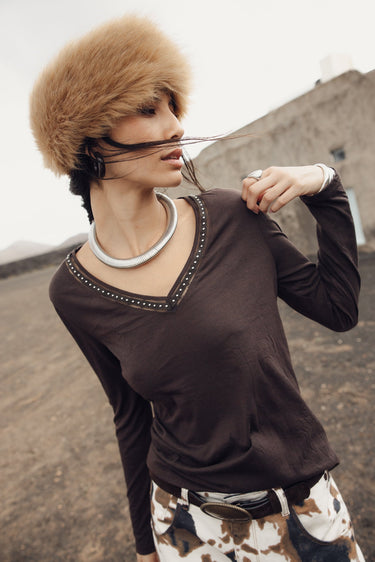 T-SHIRT FEMME TORINA STUDS MARRON MARRON