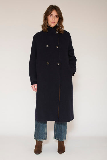 Manteau MKT Studio Matty long double boutonnage bleu marine
