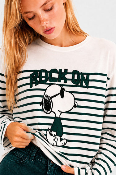 T-SHIRT FEMME SNOOPY ROCK ON BLANC BLANC